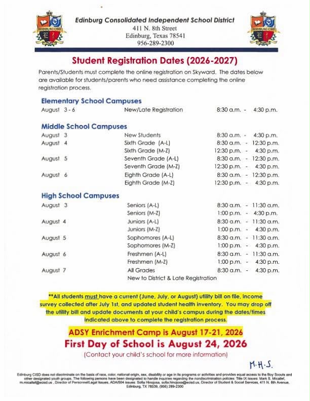 Student Registration Dates (2026-2027)