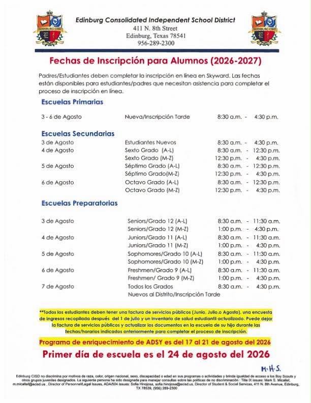 Fechas de inscripción de estudiantes (2026-2027)